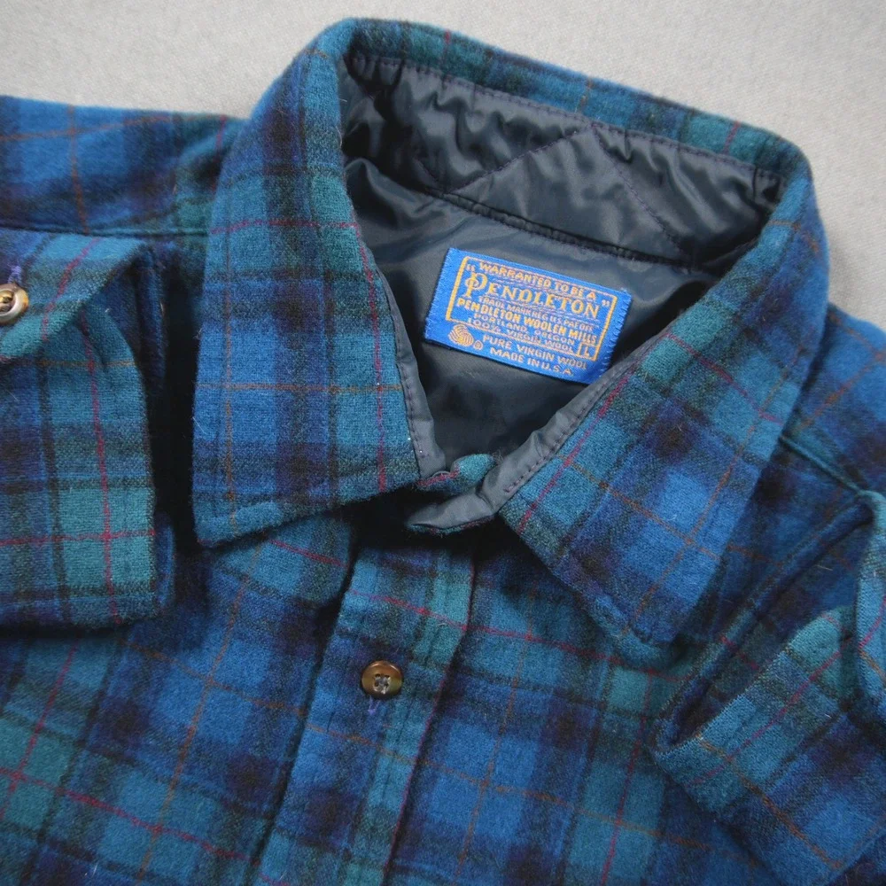 Pendleton Vintage Plaid Wool Flannel Men Shirt L Western Blue Logger Cabin Retro